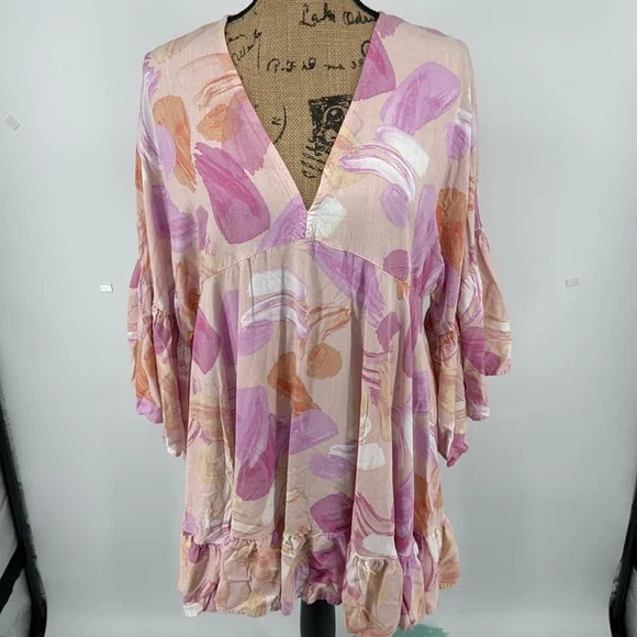 Label Of Love V-Neck Ruffle Bell Sleeve Mini Tunic Dress Short Boho Fairy Medium - Picture 2 of 11